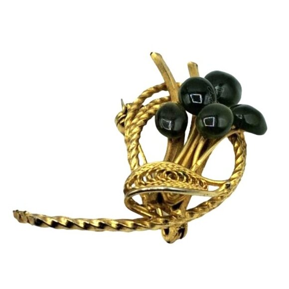 Nephrite Jade Brooch Gold Tone Filigree Setting Vintage Costume Jewelry - Picture 4 of 8